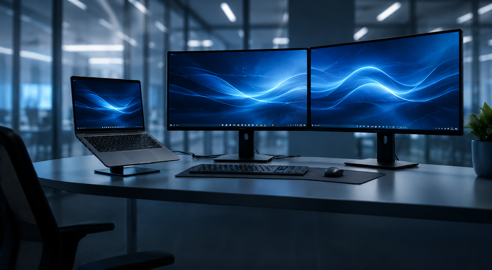 Modern Windows 11 workplace with laptop and dual monitors
